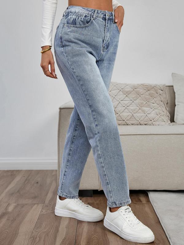 Women's Plain Button Fly Straight Leg Jeans, Casual Pocket Design Denim Trousers for Daily Wear, Ladies Bottoms for All Seasons