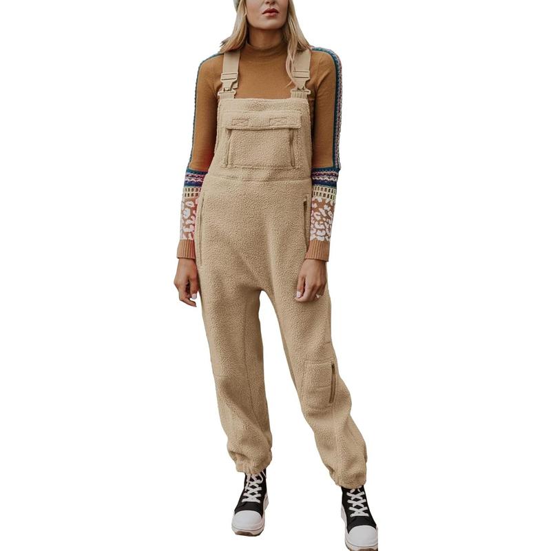 Women's Fleece Warm Overalls Winter Loose Casual Jumpsuits with Pockets