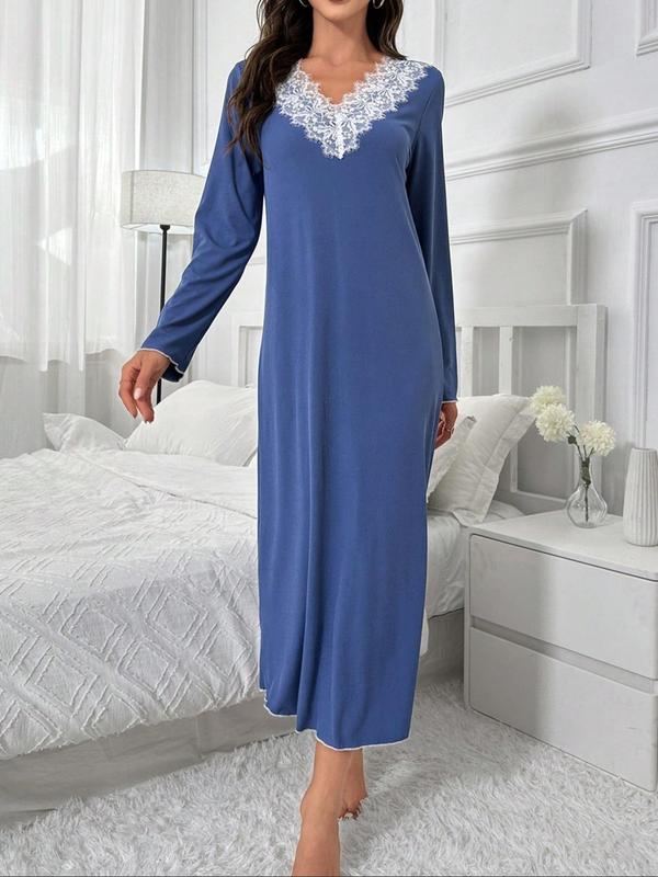 Women's Colorblock Contrast Lace V Neck Nightdress, Casual Long Sleeve Nightgown for Spring & Fall, Soft Comfy Sleepwear for Women