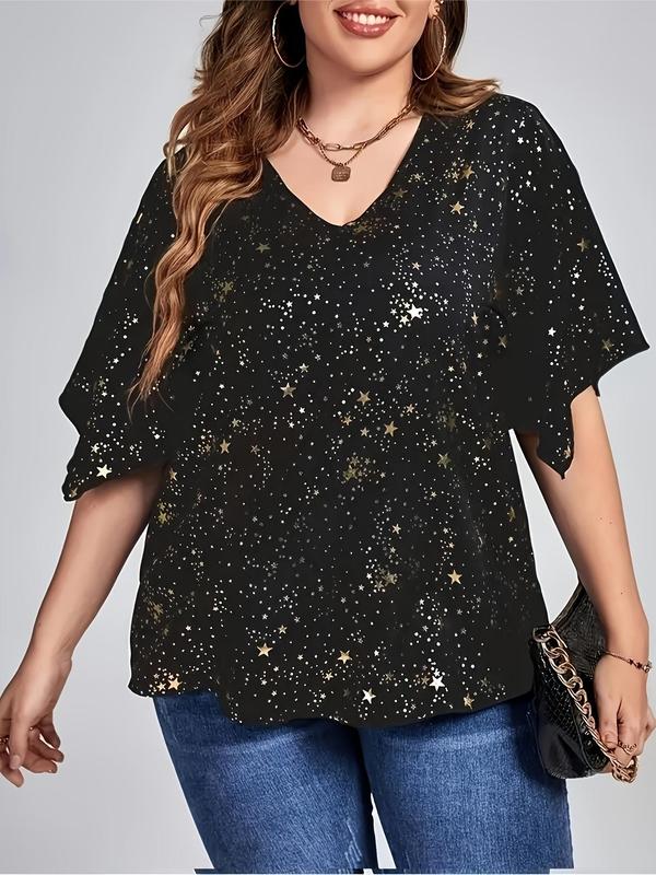 Plus Size All Over Star Print Batwing Sleeve V Neck Blouse, Elegant Half Sleeve Top for Daily Outdoor Wear, Women Plus Clothing for All Seasons