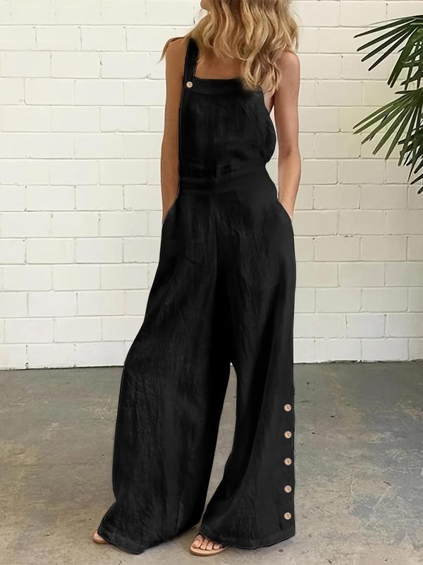 Women's Plain Pocket Button Loose Jumpsuit, Casual Sleeveless Wide Leg Jumpsuit for Daily Wear, Ladies Clothes for All Seasons