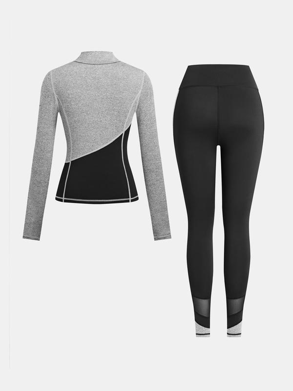 Christmas Deals, YOZY Two-Piece Set Women's Colorblock Zipper Mock Neck Jacket & Leggings Set, Casual Thumb Hole Long Sleeve Top & Skinny Pants for Daily Wear, Christmas 2024 Trend, Christmas Outfits, Fall&Winter Outfits, Christmas Gift Ideas