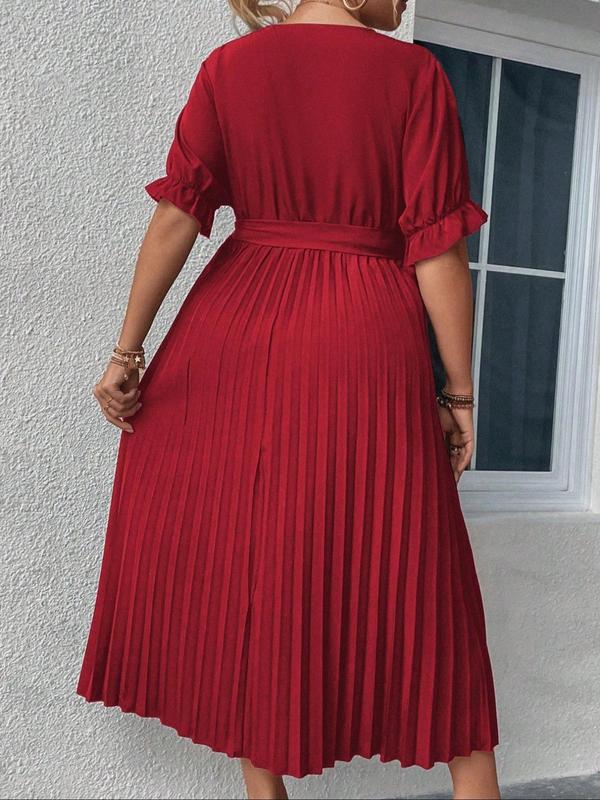  Solid Belted Wrap Pleated Flounce Sleeve Dress, Elegant V Neck Half Sleeve A Line Dress for Party Holiday Wedding Guest, Women's Clothes for Summer