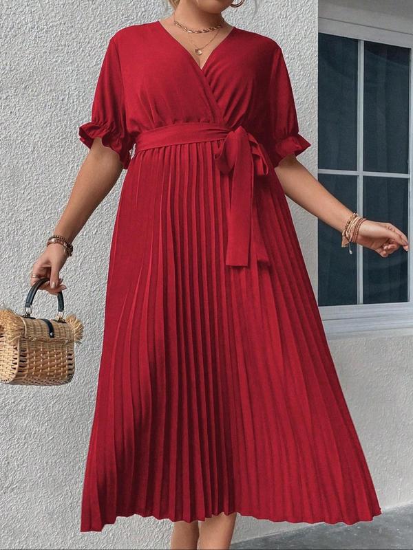  Solid Belted Wrap Pleated Flounce Sleeve Dress, Elegant V Neck Half Sleeve A Line Dress for Party Holiday Wedding Guest, Women's Clothes for Summer