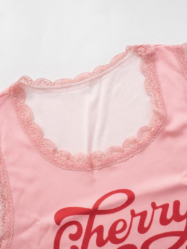 Women's Cherry & Letter Print Contrast Lace Tank Top, Cute U Neck Scallop Trim Sleeveless Top for Fall, Women's Clothing for Daily Wear, Fall Outfits, Fallfreshness