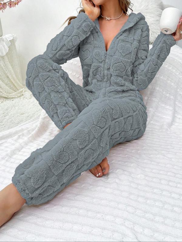 Women's Solid Hooded Jumpsuit, Casual Comfy Long Sleeve Jumpsuit for Fall & Winter, Women's Sleepwear for Indoor Wear