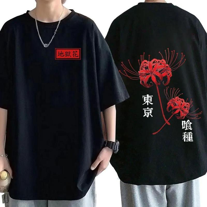 Anime Tokyo Ghoul Spider Lily Double-sided T-shirt Men Women Cool Kane kiken Graphic Print T-shirts Oversized Streetwear Couples Tees Cotton Crewneck Sleeve Womenswear, Sweatshirt, Hoodie