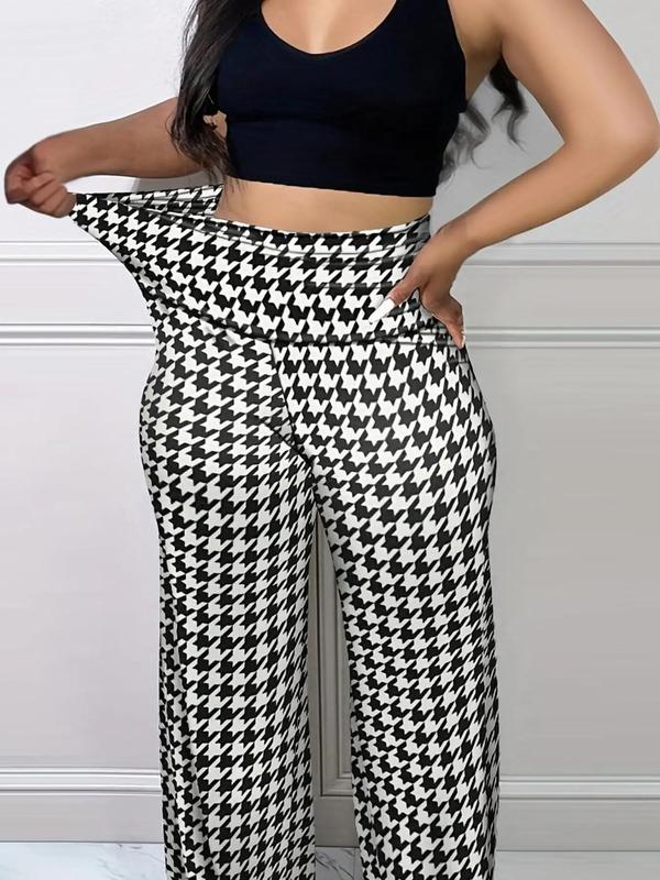 Women's Houndstooth Print High Waist Wide Leg Pants, Casual High Rise Vintage Trousers For Spring & Fall, Women's Bottoms For Daily Wear