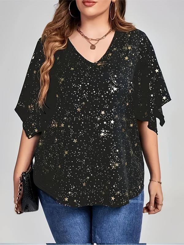 Plus Size All Over Star Print Batwing Sleeve V Neck Blouse, Elegant Half Sleeve Top for Daily Outdoor Wear, Women Plus Clothing for All Seasons