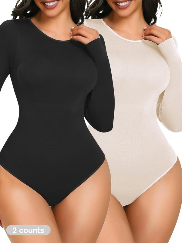 Women's Solid Long Sleeve Crew Neck Shapewear Bodysuit, Tummy Control Seamless Shaper, Women's Shapewear for All Seasons