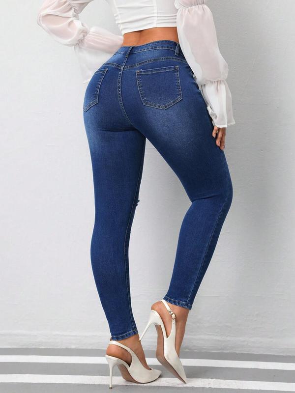 Women's Plain Ripped Button Fly Skinny Jeans, Casual Comfy Slim-fitting Raw Hem Denim Pants for Daily Wear, Ladies Bottoms for All Seasons