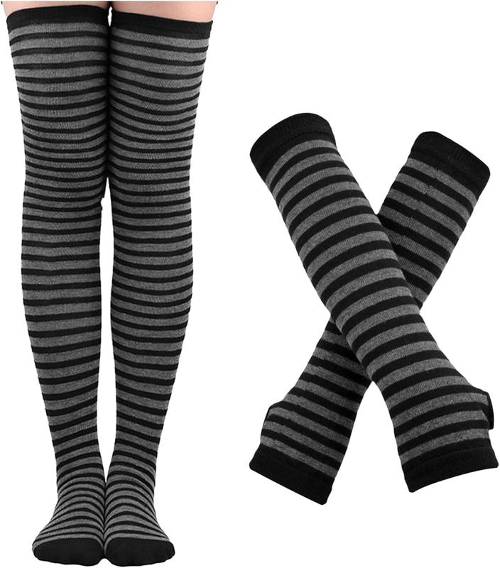 Striped  High Socks Knitted Arm Leg Warmers Set Knit Costume Long Fingerless Gloves with Thumb Hole for Women