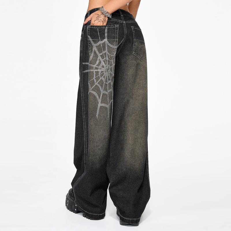 ROMWE Grunge Punk Relaxed Fit Grunge Style Distressed Vintage Extra Loose Rhinestone Spiderweb Women Jeans