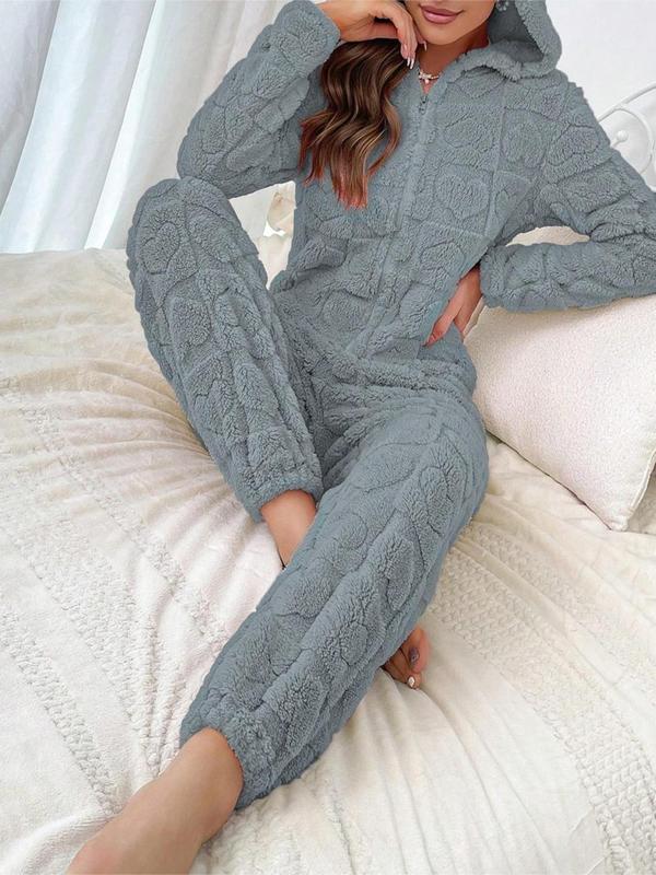 Women's Solid Hooded Jumpsuit, Casual Comfy Long Sleeve Jumpsuit for Fall & Winter, Women's Sleepwear for Indoor Wear