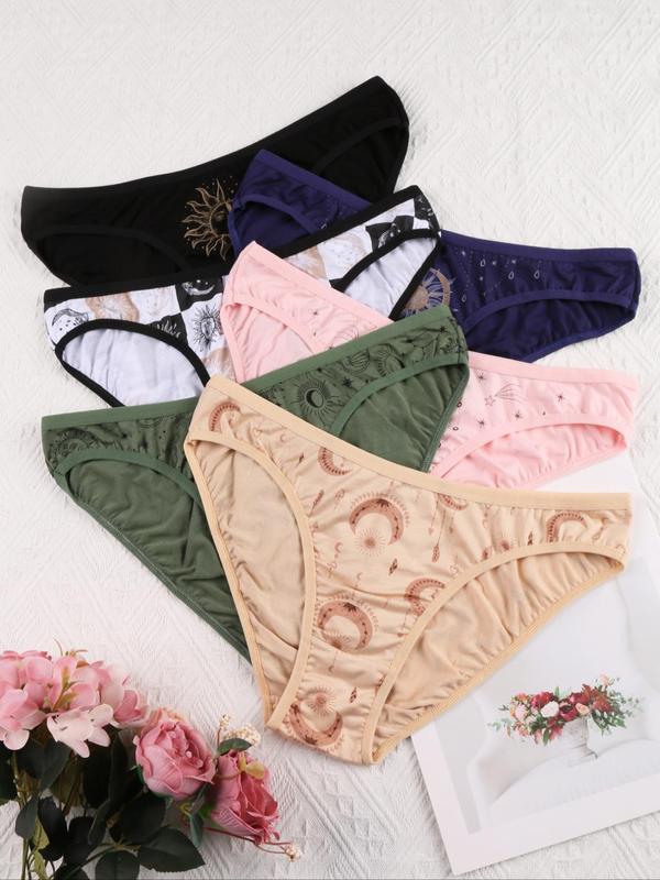 Women's Star & Moon & Sun Print Brief, Soft Comfy Breathable Knicker for Daily Wear, Underwear for All Seasons