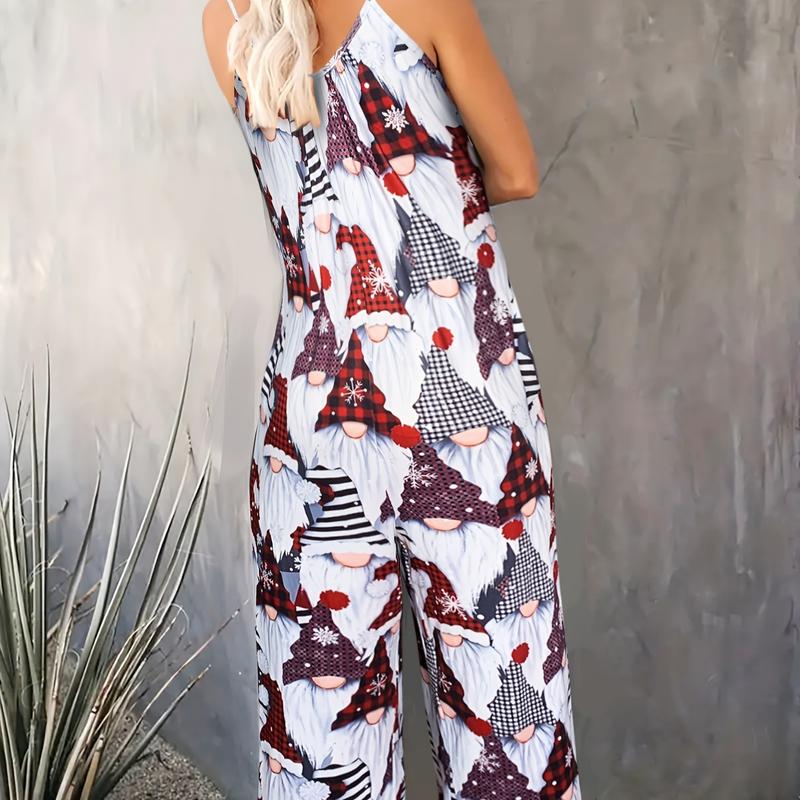 Christmas Print Spaghetti Strap Jumpsuit, Casual Sleeveless Dual Pockets Wide Leg Jumpsuit For Spring & Summer, Women's Clothing