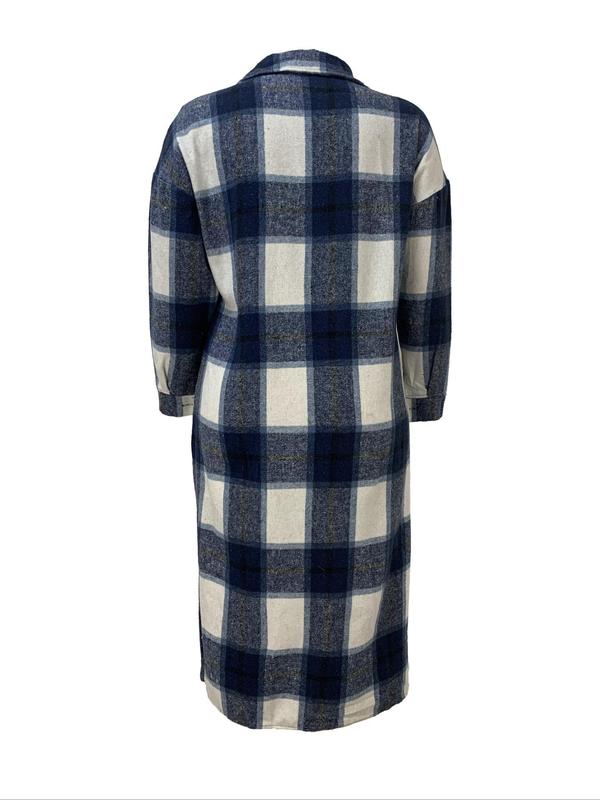 Plus Size Plaid Print Button Front Drop Shoulder Coat, Casual Jackets, Long Sleeve Pocket Collared Outerwear for Spring & Fall, Coats for Winter Women 2024, Women's Clothes for Daily Wear