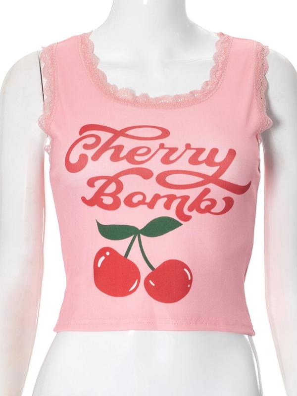 Women's Cherry & Letter Print Contrast Lace Tank Top, Cute U Neck Scallop Trim Sleeveless Top for Fall, Women's Clothing for Daily Wear, Fall Outfits, Fallfreshness