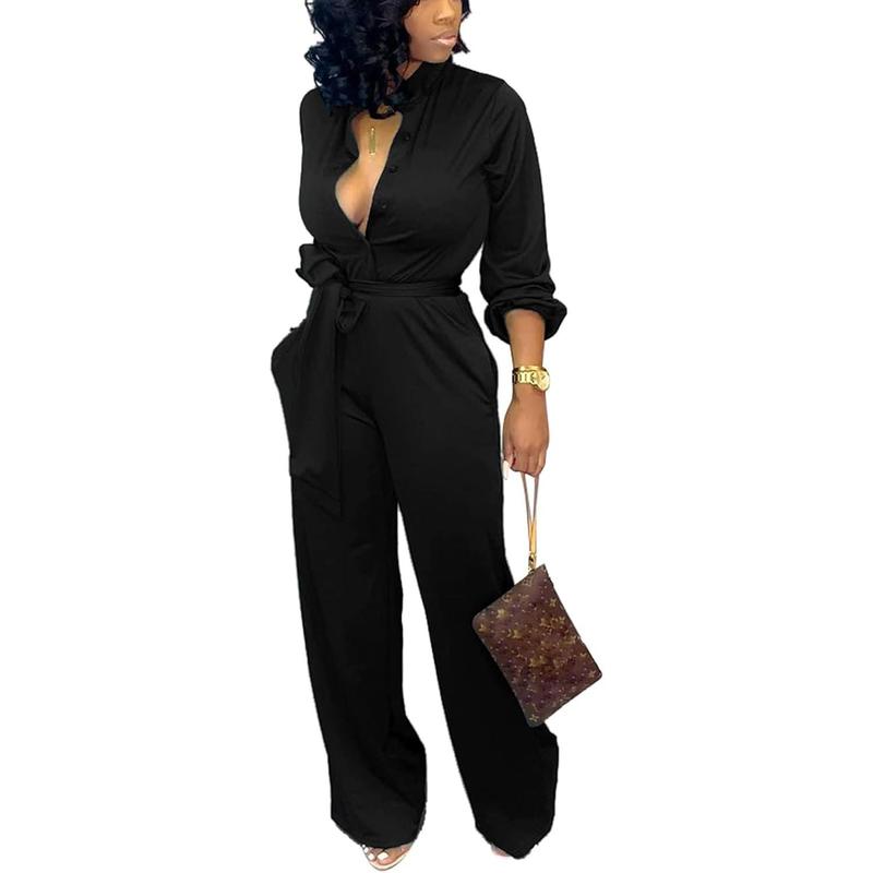 Jumpsuits for Women Formal Sexy Elegant Long Straight Pants Busineess Party Jumpsuit with Belt Pockets