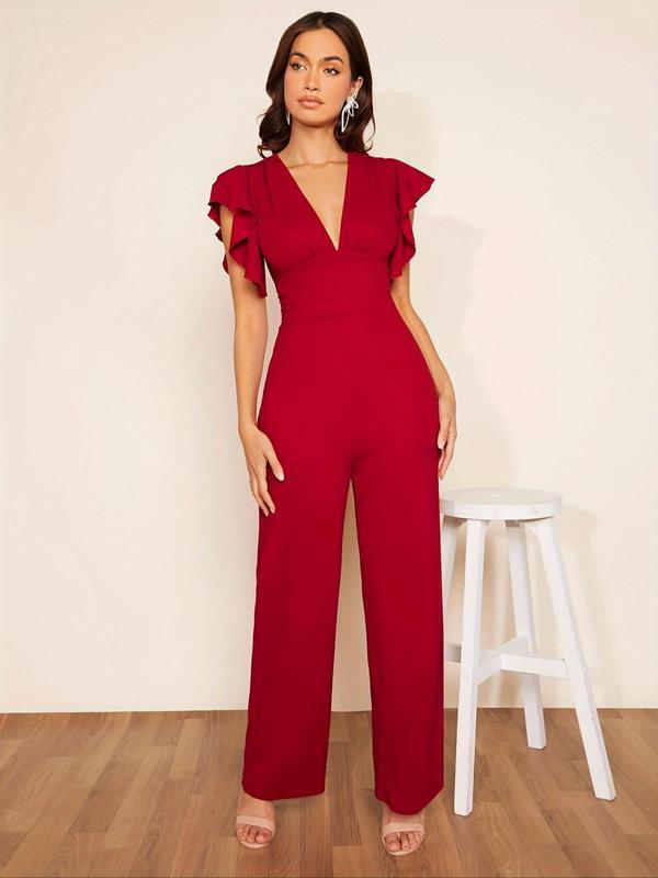 Women's Plain Ruffle Trim Butterfly Sleeve Wide Leg Jumpsuit, Elegant Deep V Neck Cap Sleeve High Waist Jumpsuit For Vacation Holiday Party, Ladies Summer Clothes