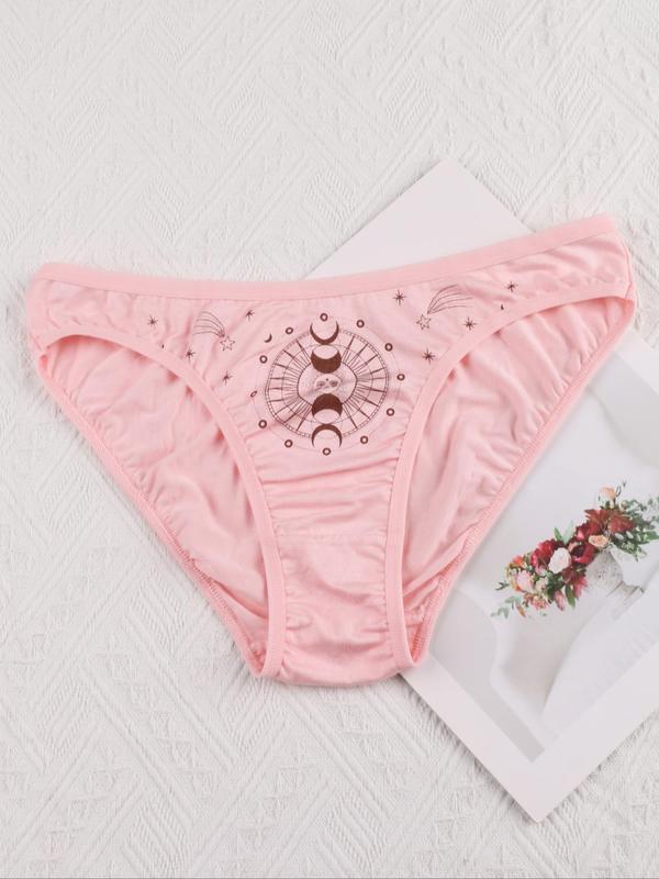 Women's Star & Moon & Sun Print Brief, Soft Comfy Breathable Knicker for Daily Wear, Underwear for All Seasons