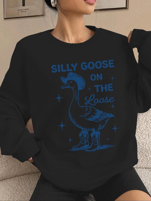 Women's Cartoon Goose Print Crew Neck Sweatshirt, Casual Drop Shoulder Long Sleeve Pullover, Women's Fall & Winter Clothes for Daily Wear