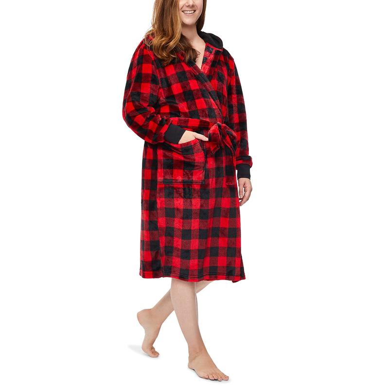 Christmas Parent-child Nightwear, Red Plaid Printed Pattern Long Sleeve Xmas Nightgown Bathrobes & Dressing Gowns for Men  Women  Kids Hoodie Womenswear