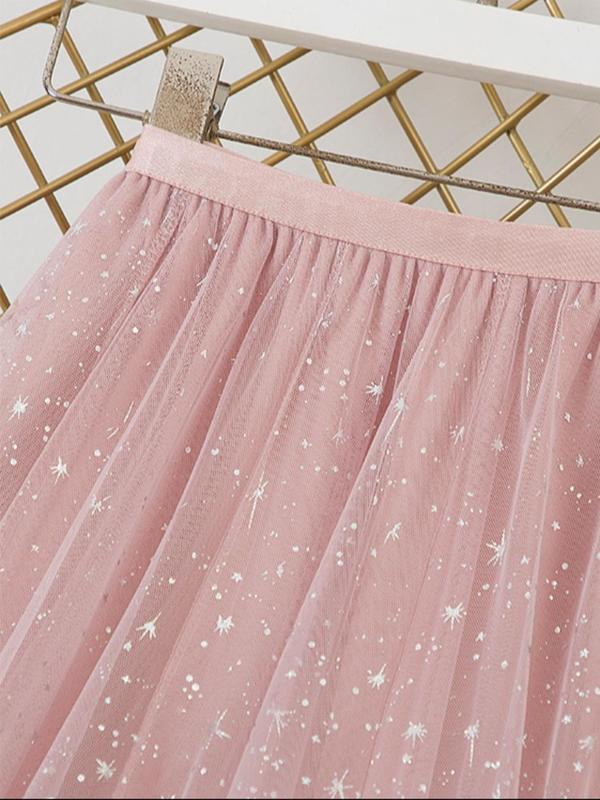 Women's Glitter High Waist Tulle Skirt, Elegant Fashion Casual Elastic Waist Midi Skirt for Daily Outdoor Wear, Ladies Bottoms for All Seasons