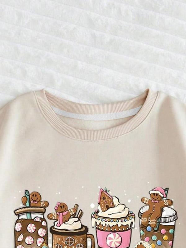 Women's Christmas Drinks & Gingerbread Man Print Pullover, Casual Long Sleeve Crew Neck Sweatshirt for Fall & Winter, Women's Clothes for Daily Wear