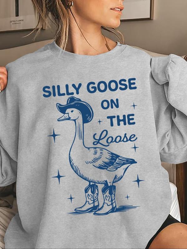 Women's Cartoon Goose Print Crew Neck Sweatshirt, Casual Drop Shoulder Long Sleeve Pullover, Women's Fall & Winter Clothes for Daily Wear