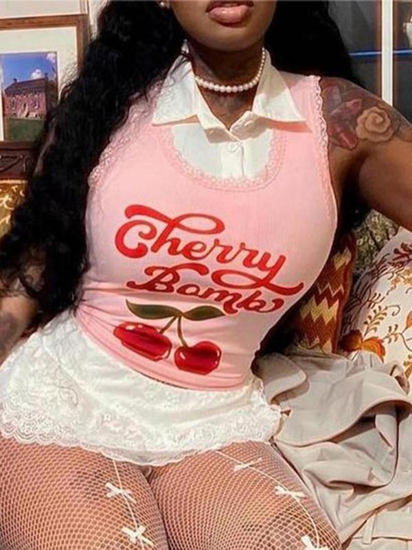 Women's Cherry & Letter Print Contrast Lace Tank Top, Cute U Neck Scallop Trim Sleeveless Top for Fall, Women's Clothing for Daily Wear, Fall Outfits, Fallfreshness