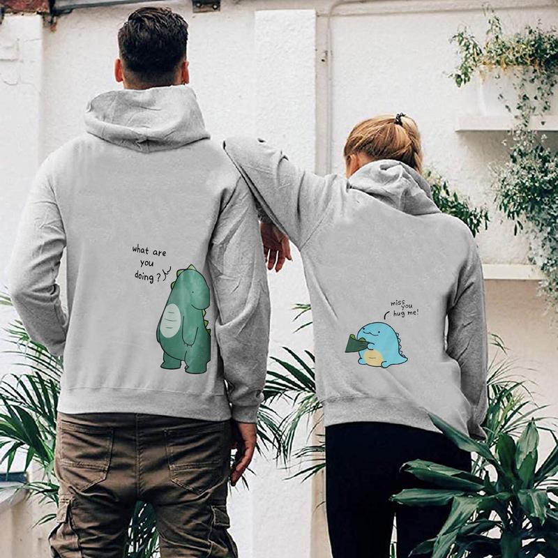 Couples Matching Hoodies Sweatshirt Dinosaur Printed Pullover Comfort Comfort Fabric