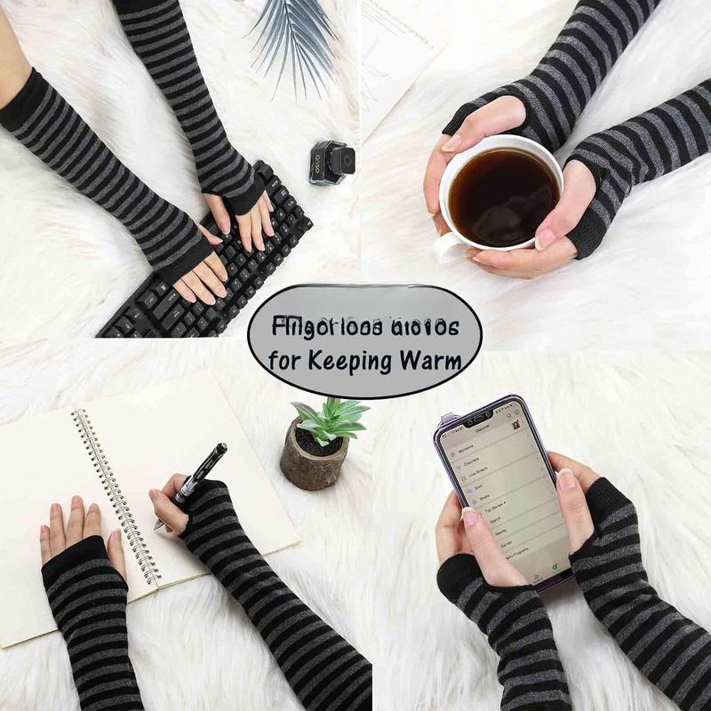 Striped  High Socks Knitted Arm Leg Warmers Set Knit Costume Long Fingerless Gloves with Thumb Hole for Women