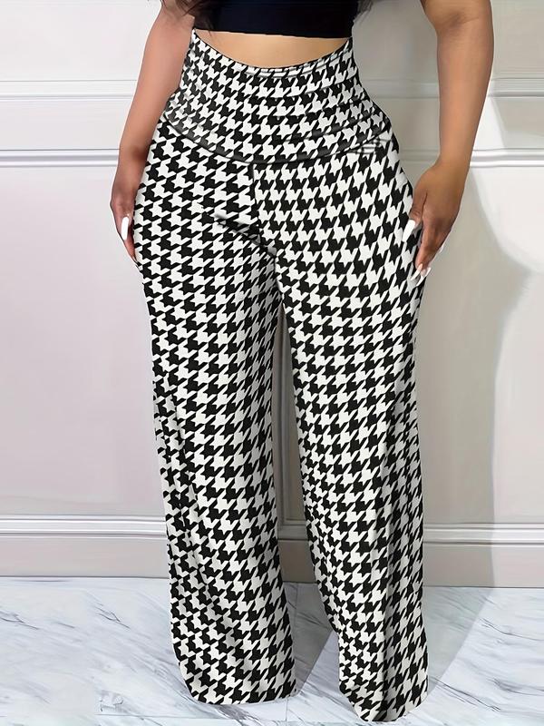 Women's Houndstooth Print High Waist Wide Leg Pants, Casual High Rise Vintage Trousers For Spring & Fall, Women's Bottoms For Daily Wear