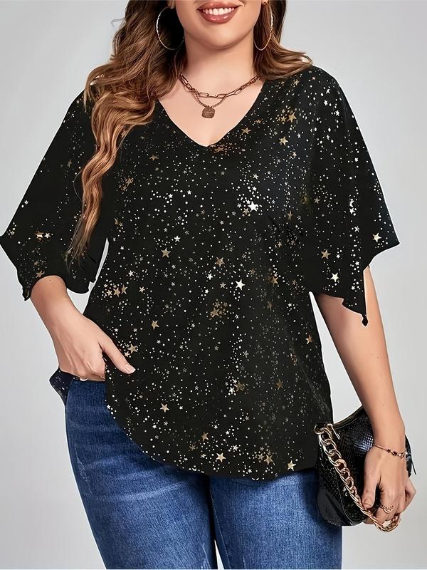 Plus Size All Over Star Print Batwing Sleeve V Neck Blouse, Elegant Half Sleeve Top for Daily Outdoor Wear, Women Plus Clothing for All Seasons