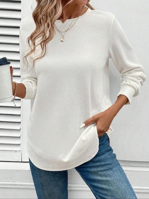 Women's Plain Waffle Knit Pullover Sweatshirt, Casual Long Sleeve Round Neck Top for Daily Wear, Ladies Clothes for All Seasons