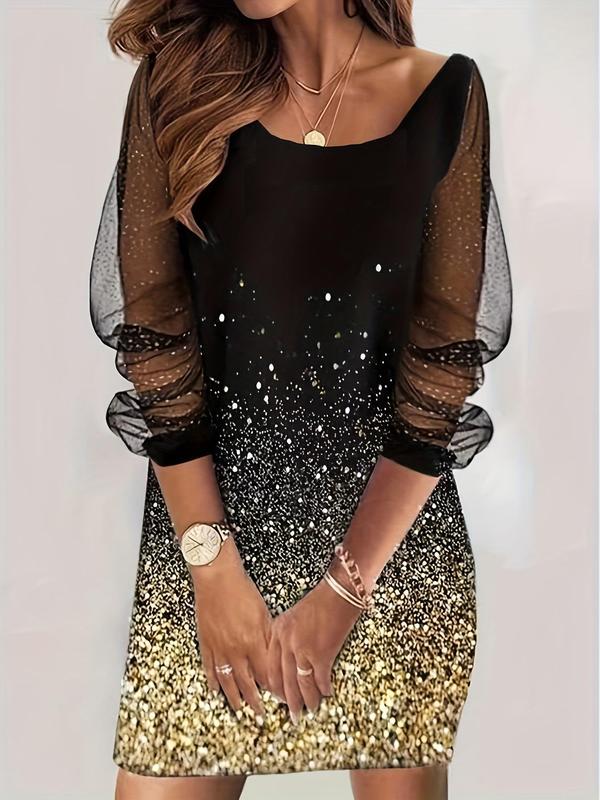 Women's Sheer Contrast Mesh Bishop Sleeve Dress, Elegant Long Sleeve Scoop Neck Short Dress for Party Club Dating Wear, Women's Dress for Spring & Fall