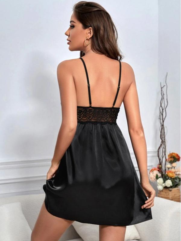 Lace Insert Cut Out Satin Cami Pajama Nightdress