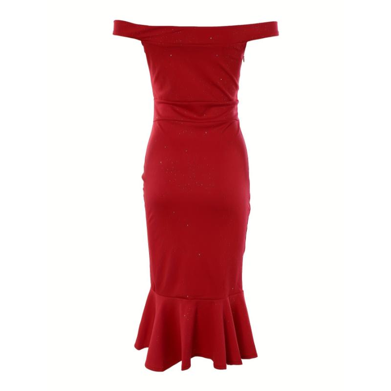 US Shipping Women's Red Solid Ruffle Trim Party Dress