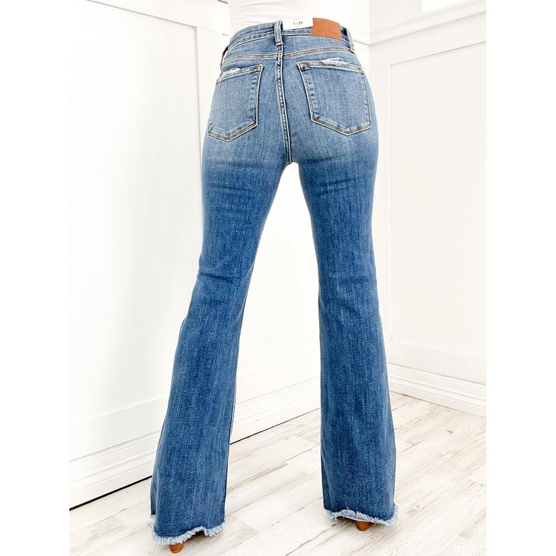 Judy Blue MADE YOU LOOK Mid-Rise Button Fly Flare Jeans with Distressed Frayed Hem