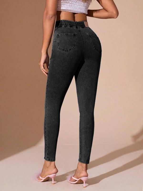 Women's Plain High Waist Skinny Jeans, Casual Comfy Button Fly Denim Pants for Daily Wear, Ladies Bottoms for All Seasons