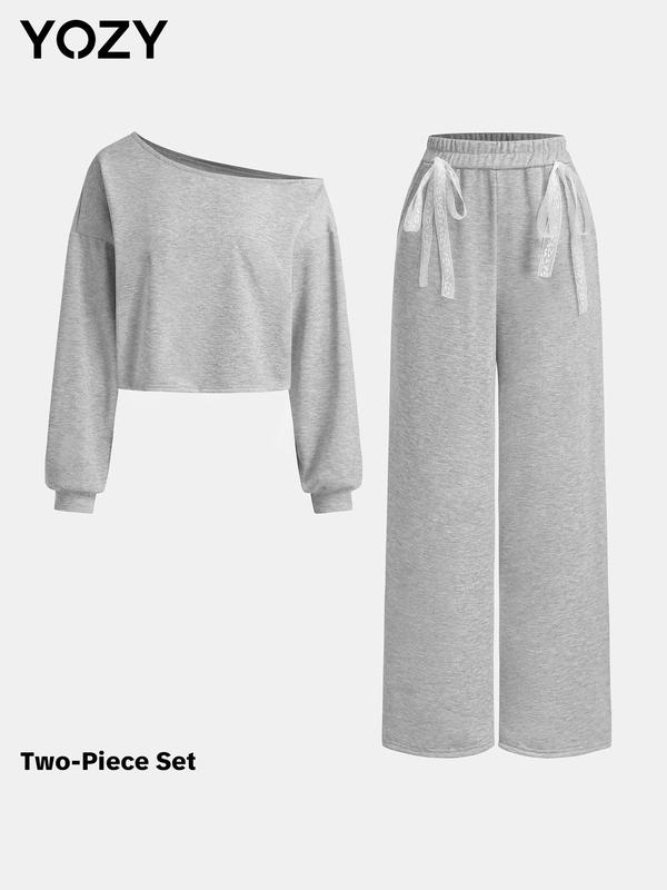 YOZY Women's Solid Asymmetrical Neck Sweatshirt & Elastic Waist Pants Two-piece Set, Casual Long Sleeve Pullover & Pocket Trousers for Fall & Winter, Women's Clothes for Daily Wear