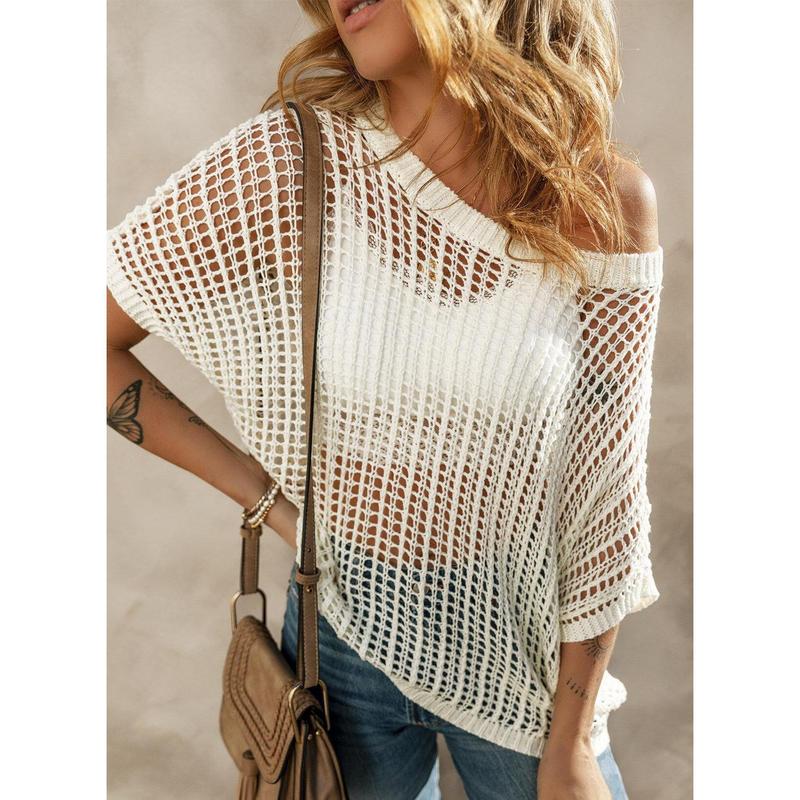 Dokotoo Womens Summer Scoop Neck Short Sleeve Sweater Casual Crochet Hollow Out Knit Tops Pullover Shirts Beach Coverup