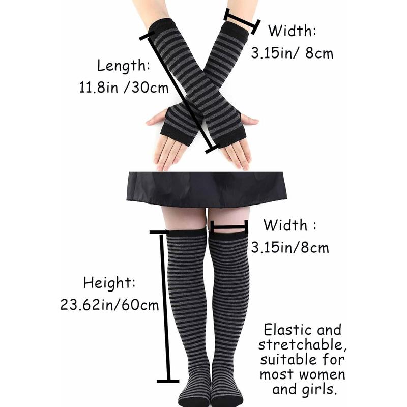 Striped  High Socks Knitted Arm Leg Warmers Set Knit Costume Long Fingerless Gloves with Thumb Hole for Women