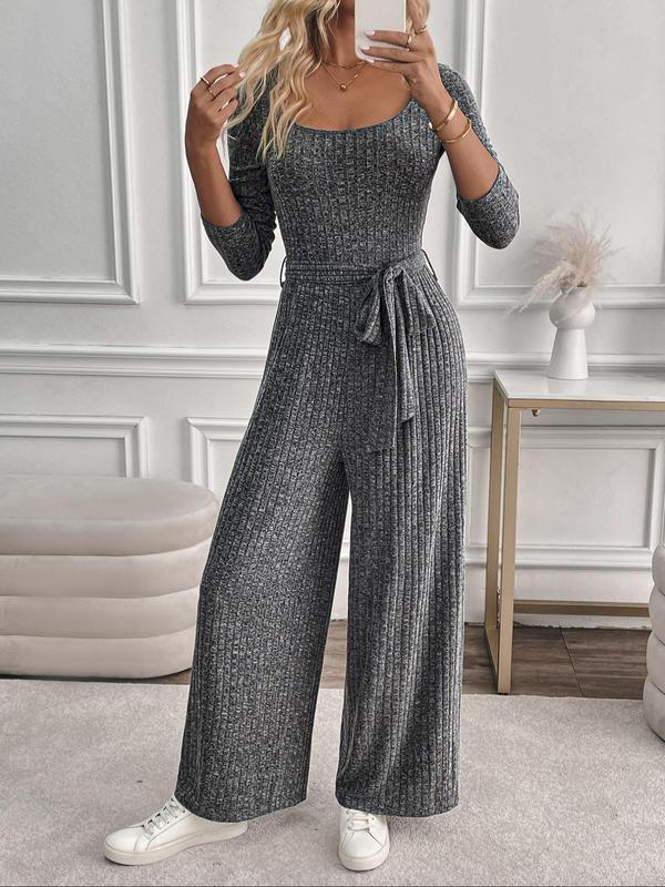 Women's Solid Belted Scoop Neck Jumpsuit, Casual Long Sleeve Jumpsuit for Fall & Winter, Women's Clothes for Daily Wear