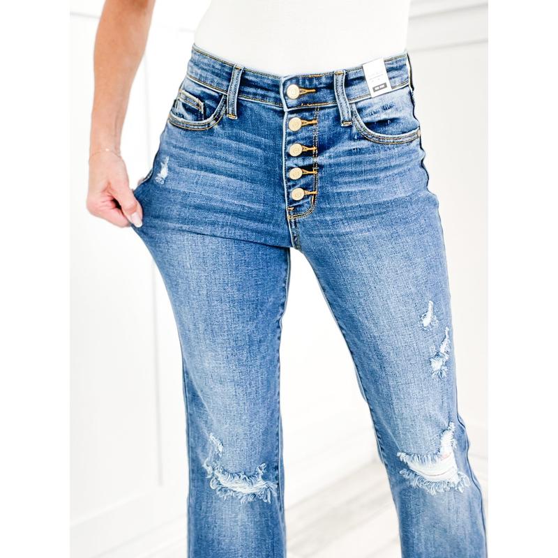 Judy Blue MADE YOU LOOK Mid-Rise Button Fly Flare Jeans with Distressed Frayed Hem