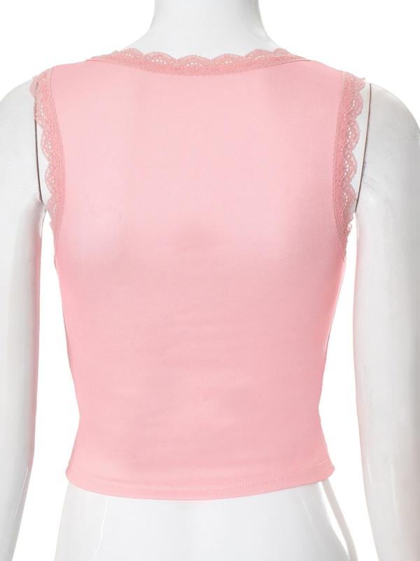 Women's Cherry & Letter Print Contrast Lace Tank Top, Cute U Neck Scallop Trim Sleeveless Top for Fall, Women's Clothing for Daily Wear, Fall Outfits, Fallfreshness