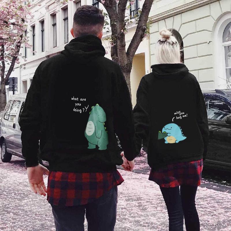 Couples Matching Hoodies Sweatshirt Dinosaur Printed Pullover Comfort Comfort Fabric