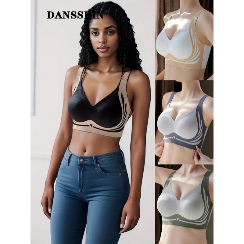 4 Piece Full Coverage Color Block Wireless Tank Bra, Elegant Comfy Push Up Anti Sagging, Seamless Women's Lingerie & Underwear