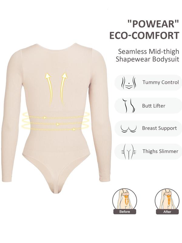 Women's Solid Long Sleeve Crew Neck Shapewear Bodysuit, Tummy Control Seamless Shaper, Women's Shapewear for All Seasons